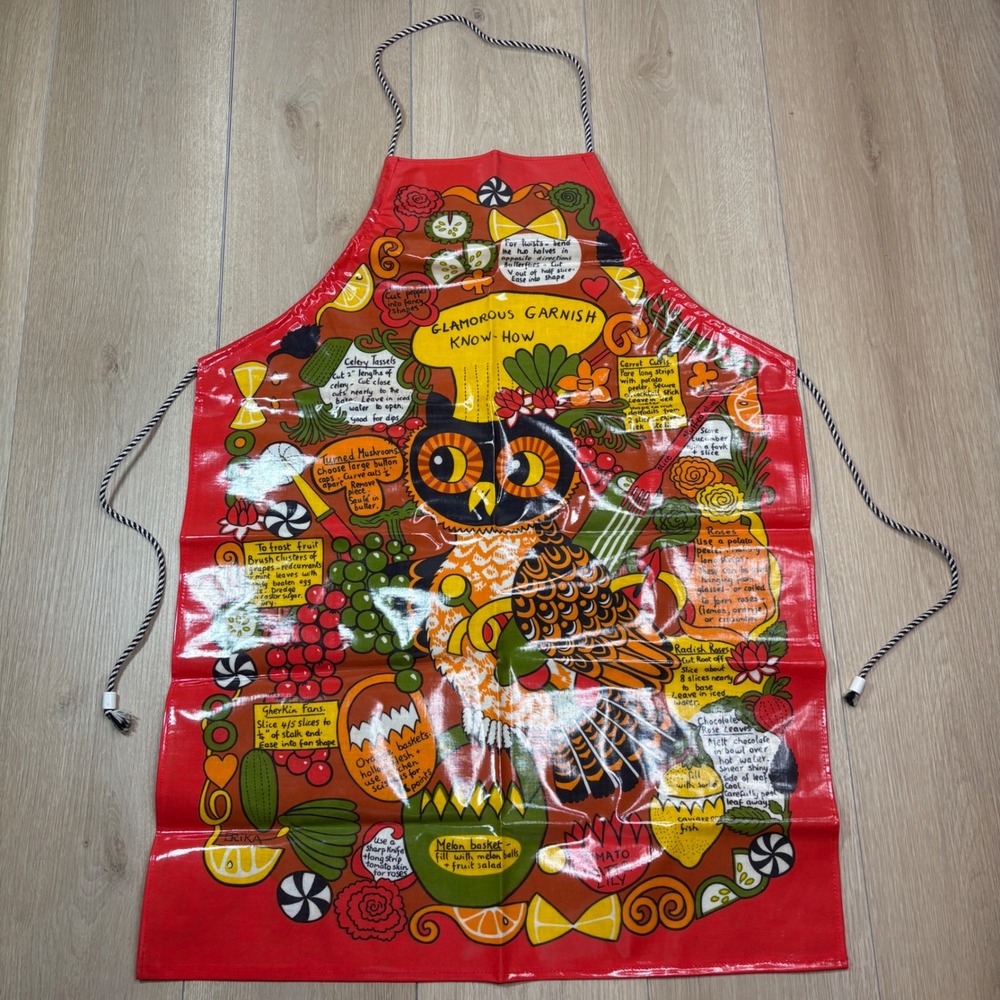 Vintage Erika Glamorous Garnish Know-How Owl Apron Red Retro Kitsch Wipeable